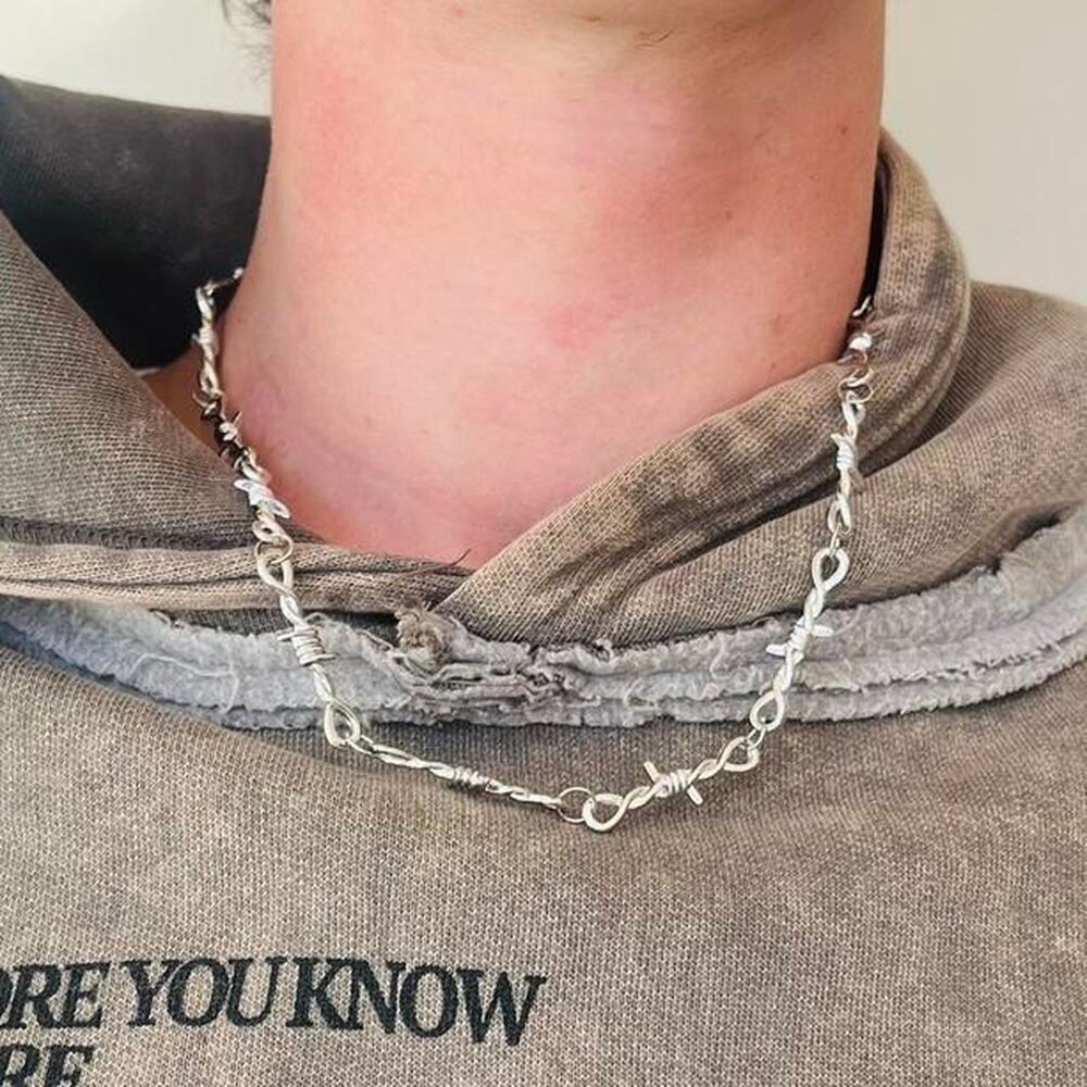 Y2K Grey and Silver Barbed Wire Chain Necklace